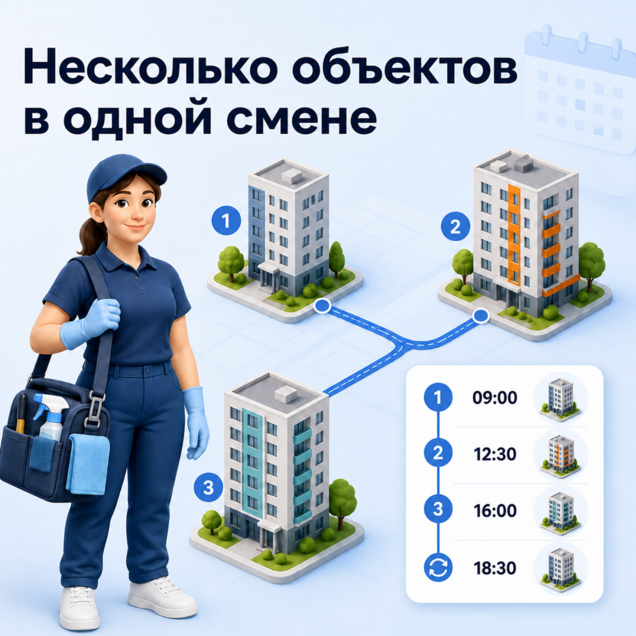 Несколько объектов в одной смене: маршрут уборщицы по трём домам с временем прибытия 09:00, 12:30, 16:00 и возвратом в 18:30